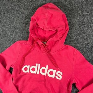 Adidas Essentials Linear Hoodie Womens XS Pink Spellout Logo Cotton Fleece Read‎